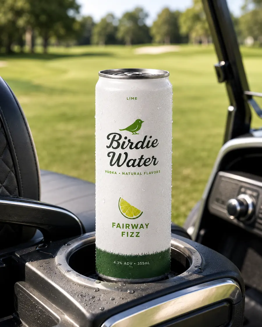 Birdie Water Fairway Fizz can in a golf cart cupholder