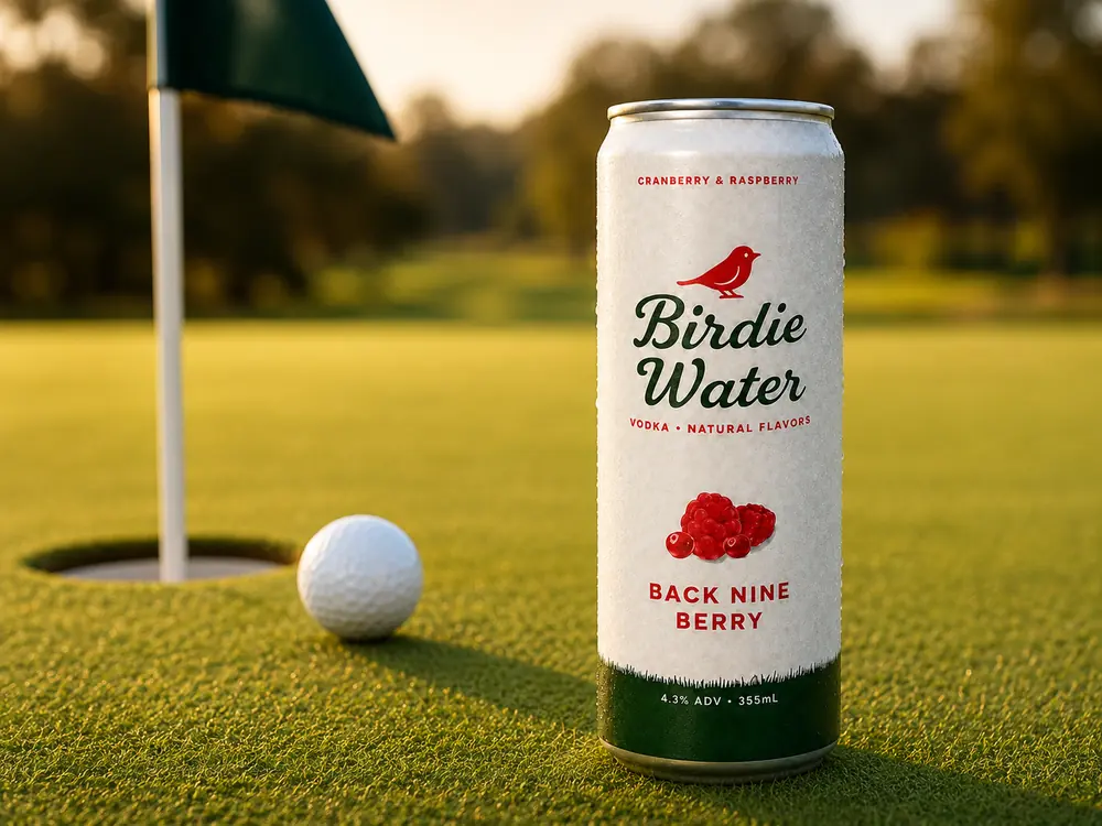 Birdie Water Back Nine Berry can beside the hole and flagstick on a putting green